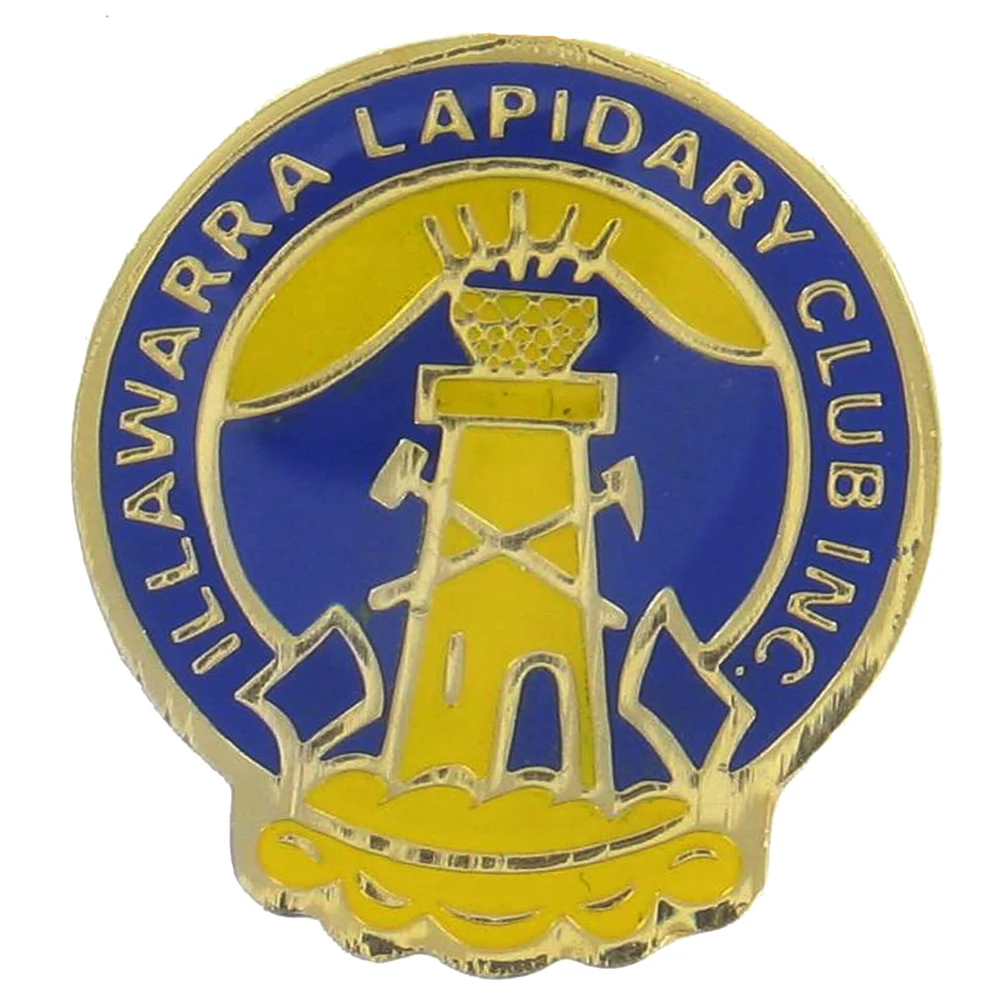 Blue and gold Illawarra Lapidary Club badge, photo from lapelpin.com.au