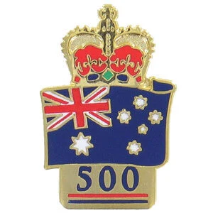 Commemorative hard enamel pin with crown and Australian flag, photo from lapelpin.com.au